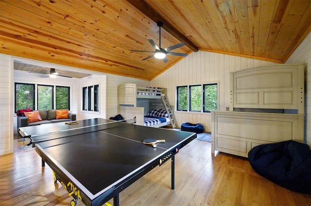 47 White Pine Rd, Broken Bow, OK 74728 - recreation room with a ceiling fan, wood ceiling, wood finished floors, and wood walls