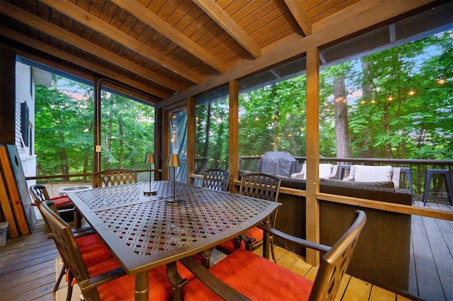 47 White Pine Rd, Broken Bow, OK 74728 - sunroom featuring outdoor dining space and beamed ceiling