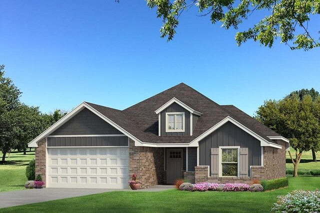 1821 Taines Turn, Norman, OK 73072 - view of front of house featuring board and batten siding, brick siding, a garage, and a front yard