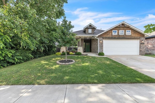 12905 NW 4th St, Yukon, OK 73099 - craftsman house featuring driveway, a garage, a front yard, and brick siding