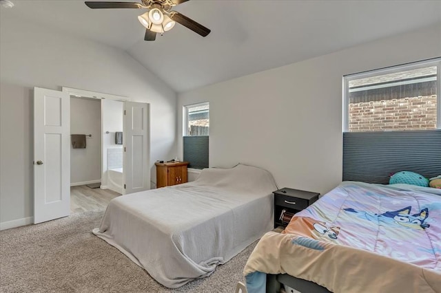 12905 NW 4th St, Yukon, OK 73099 - bedroom with lofted ceiling, baseboards, ceiling fan, and carpet flooring