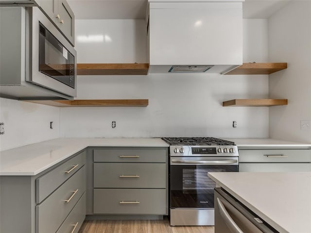2812 Shoreridge Ave Unit 2814, Norman, OK 73072 - kitchen featuring open shelves, gray cabinetry, appliances with stainless steel finishes, and custom exhaust hood