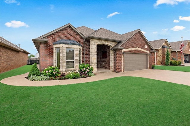 1116 River Birch Dr, Yukon, OK 73099 - french provincial home featuring brick siding, driveway, a garage, stone siding, and roof with shingles