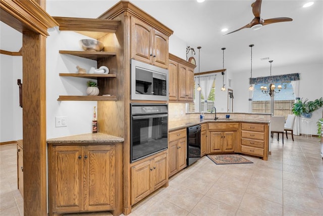 1116 River Birch Dr, Yukon, OK 73099 - kitchen featuring black appliances, a peninsula, healthy amount of natural light, open shelves, and recessed lighting