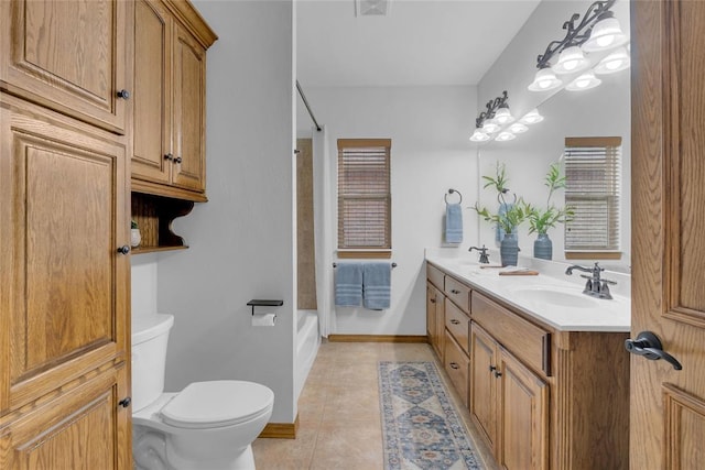 1116 River Birch Dr, Yukon, OK 73099 - bathroom with toilet, double vanity, tile patterned flooring,  shower combination, and baseboards