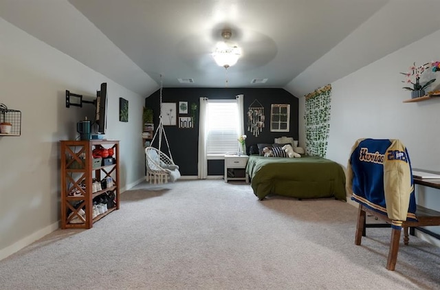 15963 Trail Head Rd, Mcloud, OK 74851 - bedroom featuring carpet floors, vaulted ceiling, and baseboards