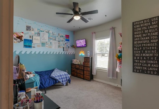 15963 Trail Head Rd, Mcloud, OK 74851 - bedroom with carpet flooring, a ceiling fan, and baseboards