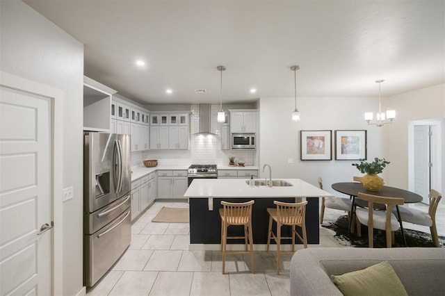 18020 Mounts Farm Rd, Edmond, OK 73012 - kitchen featuring stainless steel appliances, wall chimney range hood, a sink, tasteful backsplash, and light countertops