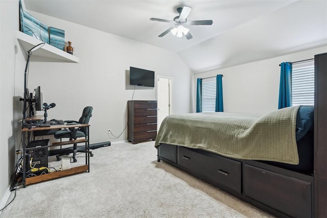 4605 NW 161st St, Edmond, OK 73013 - bedroom with light colored carpet, vaulted ceiling, baseboards, and a ceiling fan