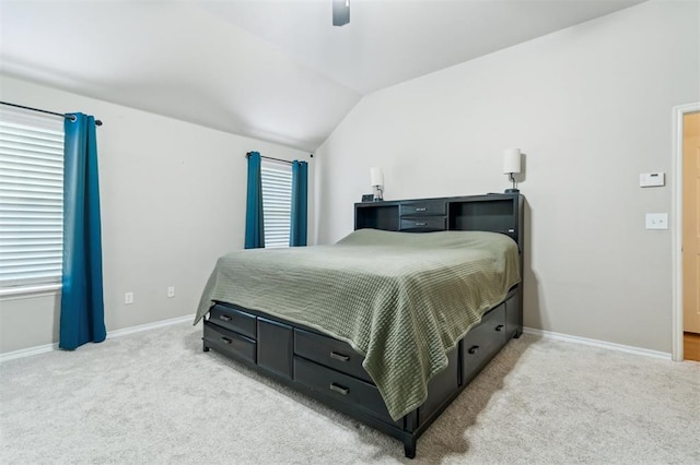 4605 NW 161st St, Edmond, OK 73013 - bedroom with vaulted ceiling, light colored carpet, baseboards, and ceiling fan
