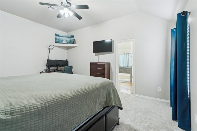 4605 NW 161st St, Edmond, OK 73013 - bedroom featuring light carpet, vaulted ceiling, a ceiling fan, and ensuite bath