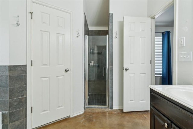 4605 NW 161st St, Edmond, OK 73013 - full bath featuring a shower stall, vanity, concrete floors, and baseboards