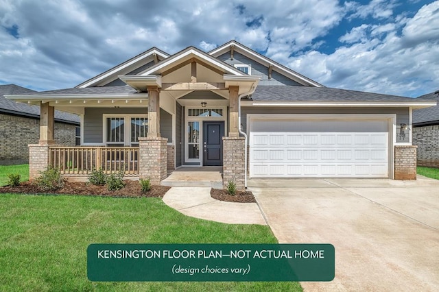 12808 NW 4th St, Yukon, OK 73099 - craftsman inspired home with driveway, covered porch, a front yard, an attached garage, and a shingled roof