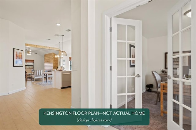 12808 NW 4th St, Yukon, OK 73099 - corridor with french doors, vaulted ceiling, baseboards, light wood-style floors, and a chandelier
