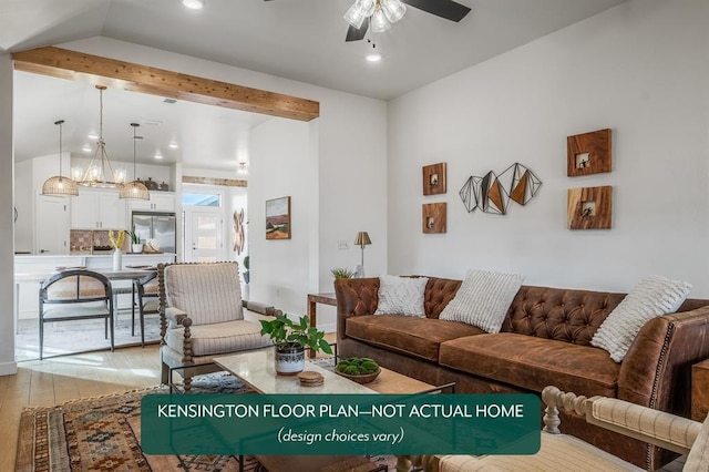 12808 NW 4th St, Yukon, OK 73099 - living room with lofted ceiling, light wood finished floors, ceiling fan, and recessed lighting