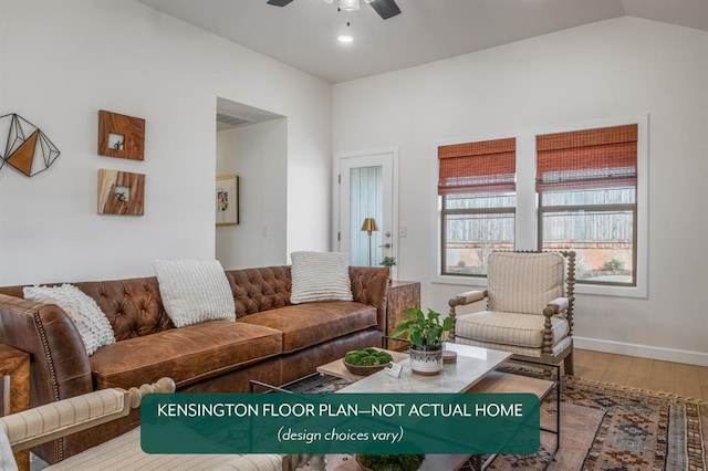 12808 NW 4th St, Yukon, OK 73099 - living room featuring a ceiling fan, wood finished floors, lofted ceiling, and baseboards