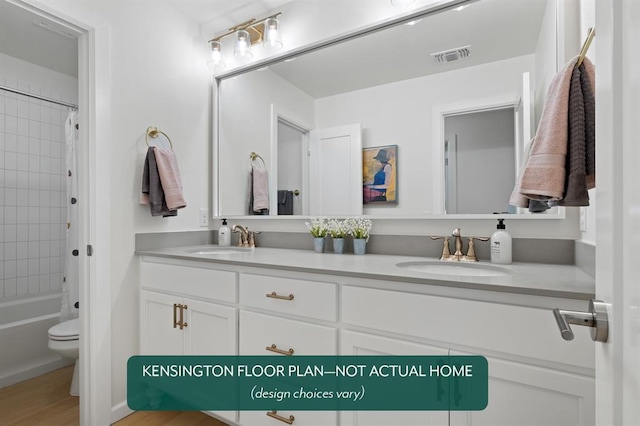 12808 NW 4th St, Yukon, OK 73099 - full bath featuring double vanity, toilet, wood finished floors, and shower / bathtub combination with curtain