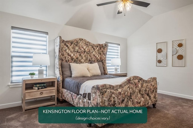 12808 NW 4th St, Yukon, OK 73099 - carpeted bedroom featuring vaulted ceiling, baseboards, and a ceiling fan