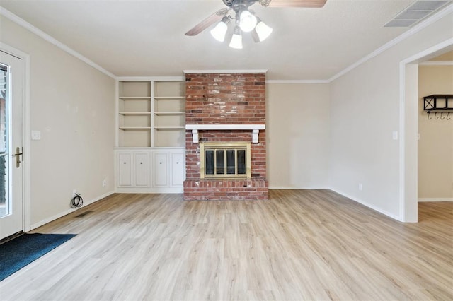 3119 W Wilshire Blvd, Oklahoma City, OK 73116 - unfurnished living room featuring ceiling fan, wood finished floors, a fireplace, built in features, and baseboards
