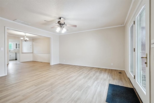 3119 W Wilshire Blvd, Oklahoma City, OK 73116 - unfurnished living room with a chandelier, light wood-style floors, ceiling fan, crown molding, and baseboards
