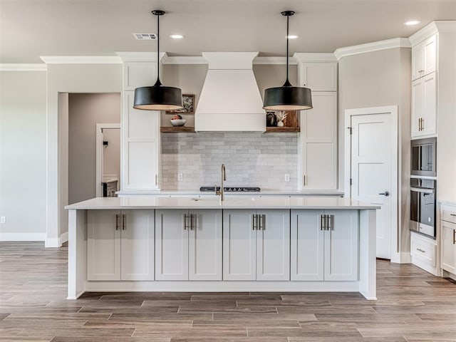 6841 Lake View Ct, Cashion, OK 73016 - kitchen featuring appliances with stainless steel finishes, open shelves, crown molding, light countertops, and custom range hood