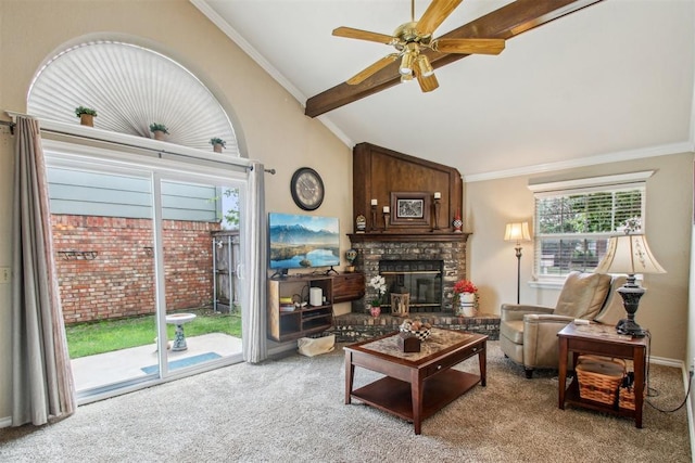 2110 Parkview Dr, Moore, OK 73170 - carpeted living area with plenty of natural light, a ceiling fan, beam ceiling, a fireplace, and high vaulted ceiling