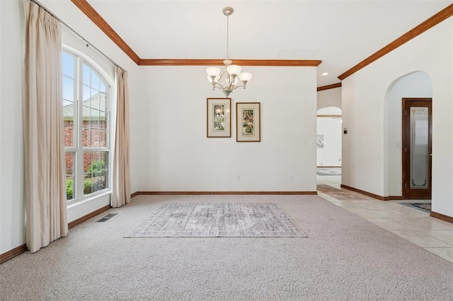 607 Pool Pl, Shawnee, OK 74801 - unfurnished dining area with carpet, arched walkways, ornamental molding, and a chandelier