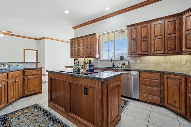 607 Pool Pl, Shawnee, OK 74801 - kitchen featuring dishwasher, ornamental molding, a kitchen island, tasteful backsplash, and black electric cooktop