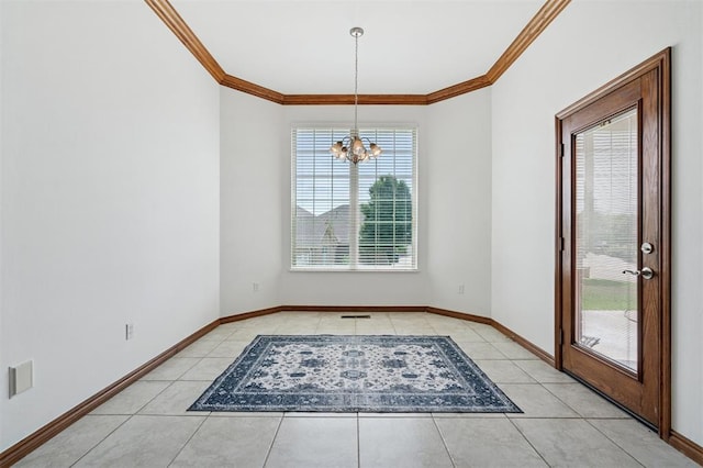 607 Pool Pl, Shawnee, OK 74801 - unfurnished dining area with light tile patterned flooring, a chandelier, and ornamental molding
