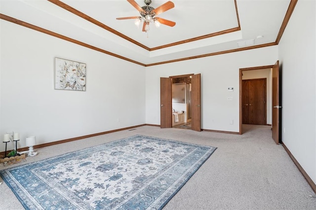 607 Pool Pl, Shawnee, OK 74801 - bedroom with carpet, a raised ceiling, crown molding, and a ceiling fan