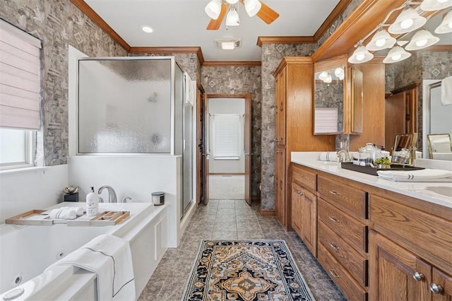 607 Pool Pl, Shawnee, OK 74801 - bathroom featuring wallpapered walls, a shower stall, ornamental molding, a jetted tub, and double vanity