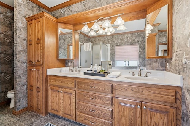 607 Pool Pl, Shawnee, OK 74801 - bathroom with ornamental molding, double vanity, and tile patterned flooring