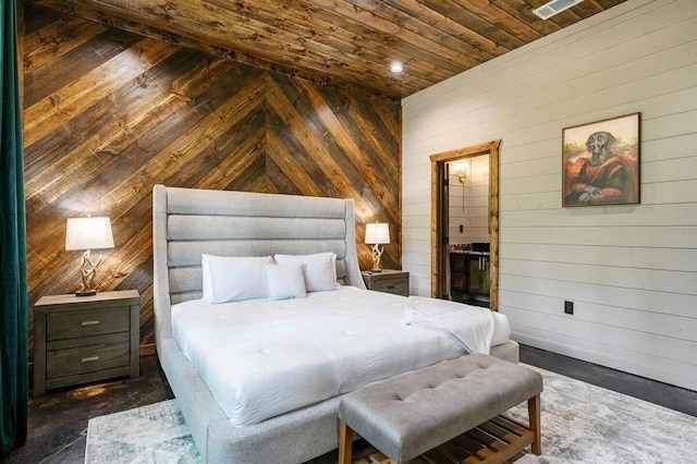 172 Triton Trl, Broken Bow, OK 74728 - bedroom featuring wooden walls, wood ceiling, and connected bathroom