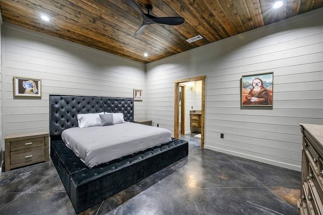172 Triton Trl, Broken Bow, OK 74728 - bedroom featuring wood ceiling, finished concrete floors, wood walls, recessed lighting, and ceiling fan