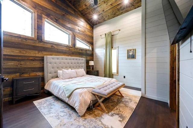 172 Triton Trl, Broken Bow, OK 74728 - bedroom with wood ceiling, wooden walls, dark wood-style flooring, and high vaulted ceiling