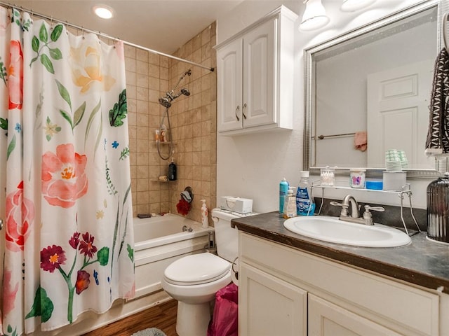 4900 S Post Rd, Oklahoma City, OK 73150 - full bath with vanity, shower / bathtub combination with curtain, toilet, and wood finished floors