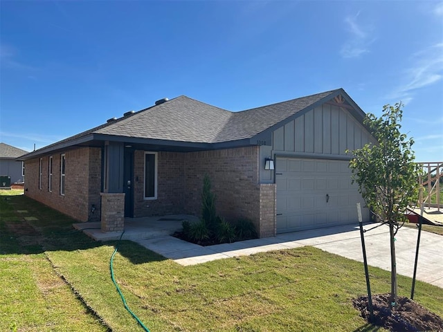 3008 NW 196th Pl, Edmond, OK 73012 - ranch-style house featuring board and batten siding, a garage, a shingled roof, and brick siding