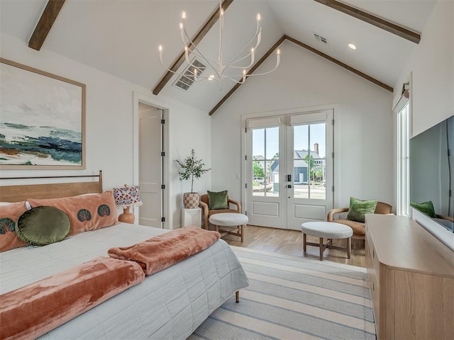51 Lower Green Way, Carlton Landing, OK 74432 - bedroom with access to outside, a chandelier, light wood-style flooring, french doors, and recessed lighting