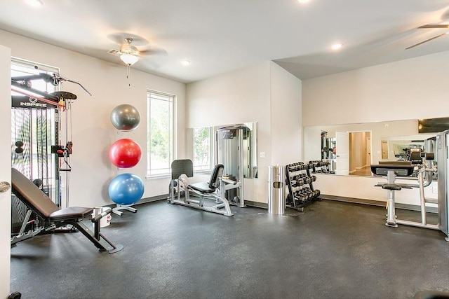 913 SW 141st St, Oklahoma City, OK 73170 - exercise room with a ceiling fan, recessed lighting, and baseboards