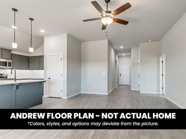 8600 NW 75th St, Oklahoma City, OK 73132 - kitchen with appliances with stainless steel finishes, gray cabinets, tasteful backsplash, a ceiling fan, and light wood-style flooring
