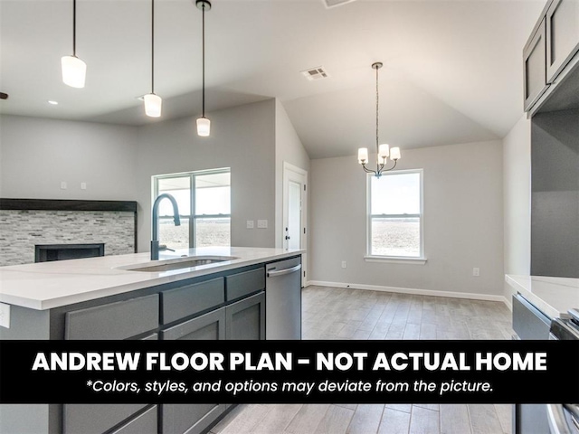 8600 NW 75th St, Oklahoma City, OK 73132 - kitchen featuring a sink, gray cabinets, dishwasher, plenty of natural light, and vaulted ceiling