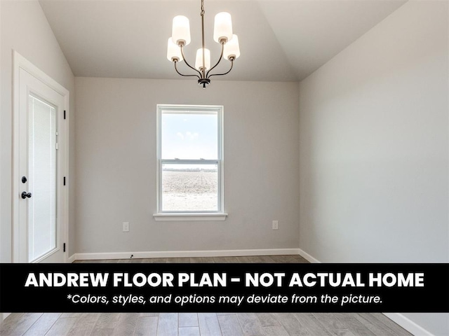 8600 NW 75th St, Oklahoma City, OK 73132 - empty room featuring a chandelier, vaulted ceiling, wood finished floors, and baseboards