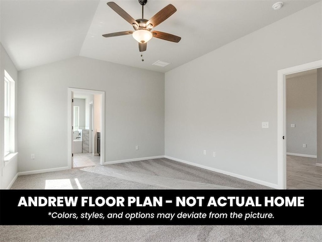 8600 NW 75th St, Oklahoma City, OK 73132 - unfurnished bedroom with vaulted ceiling, baseboards, connected bathroom, a ceiling fan, and light carpet