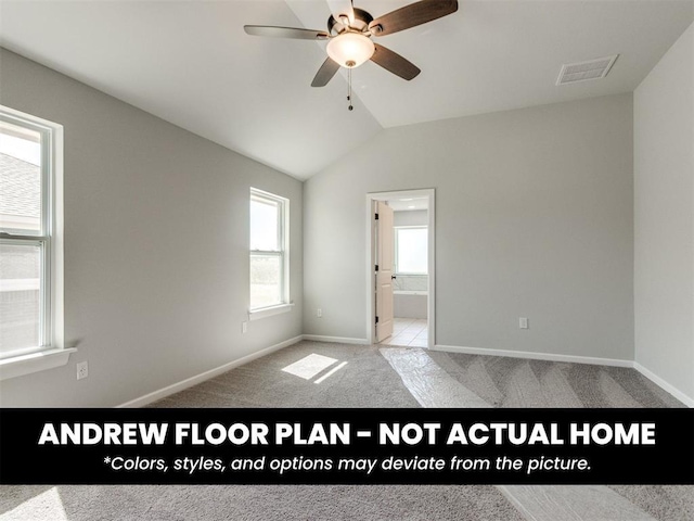 8600 NW 75th St, Oklahoma City, OK 73132 - empty room with ceiling fan, light carpet, vaulted ceiling, and baseboards