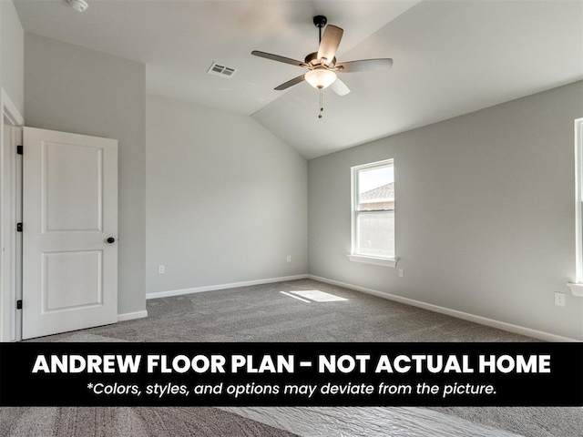 8600 NW 75th St, Oklahoma City, OK 73132 - carpeted empty room featuring a ceiling fan, vaulted ceiling, and baseboards