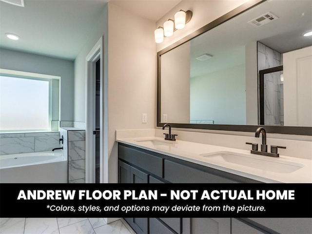 8600 NW 75th St, Oklahoma City, OK 73132 - full bathroom with marble finish floors, double vanity, a garden tub, and recessed lighting