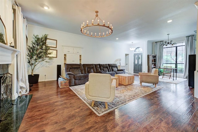 608 Shadow View Ct, Norman, OK 73072 - living area with a chandelier, wood finished floors, baseboards, a premium fireplace, and recessed lighting