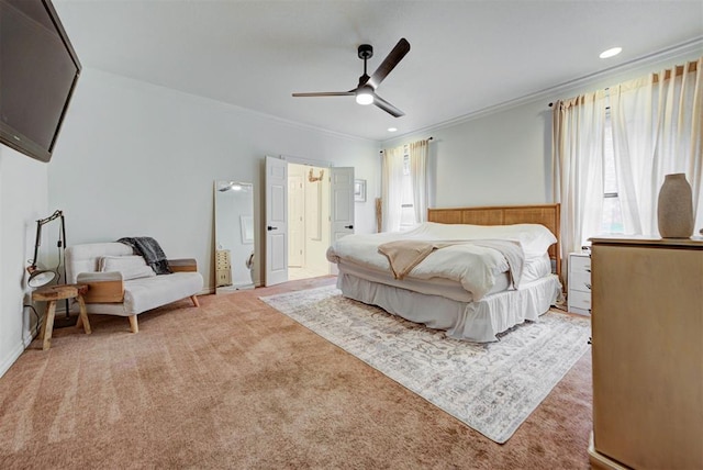 608 Shadow View Ct, Norman, OK 73072 - bedroom featuring ornamental molding, carpet flooring, and a ceiling fan