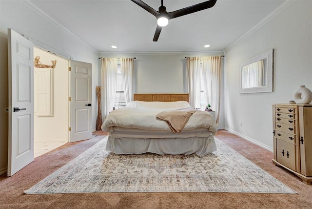 608 Shadow View Ct, Norman, OK 73072 - bedroom with carpet, multiple windows, ornamental molding, recessed lighting, and baseboards