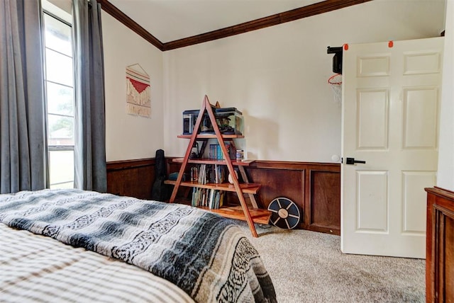 608 Shadow View Ct, Norman, OK 73072 - carpeted bedroom featuring ornamental molding and wainscoting